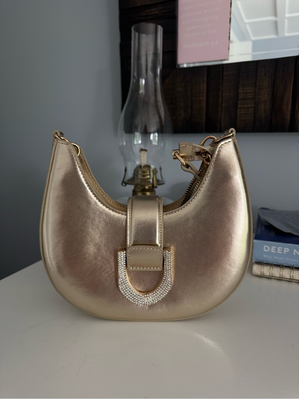 Charles & Keith Metallic Gold Crescent Crossbody with Chain Accent - Picture 2 of 3